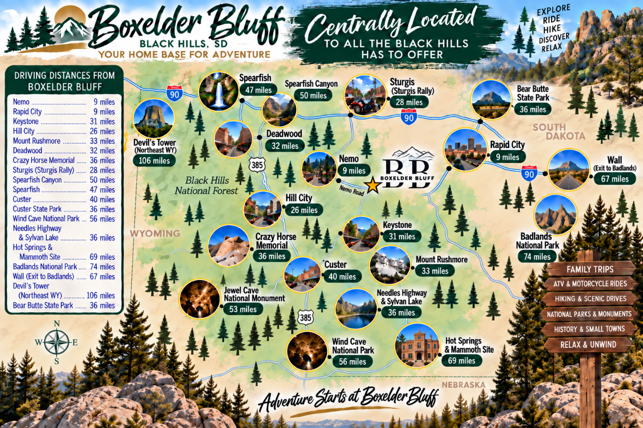 Black Hills attractions and driving distances from Boxelder Bluff vacation rental near Rapid City, South Dakota.